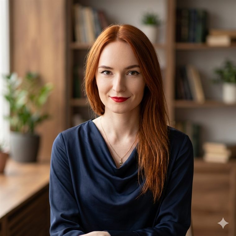 Kinga Rychlik — uśmiechnięta kobieta z rudymi włosami, w granatowej bluzce, przy biurku z półką pełną książek